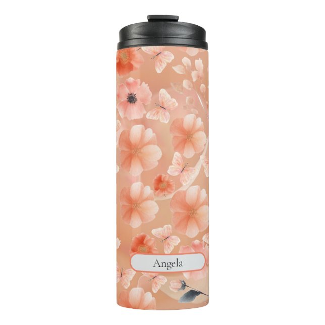 Garrafa Térmica Flores e Borboletas de Laranja e Pêssego (Frente)