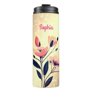 Garrafa Térmica Flores e nome no Gradiente Dourado