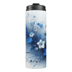 Garrafa Térmica Flores em uma videira caneca térmica azul e branca