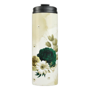 Garrafa Térmica Flores esmeralda verde marfim dourado