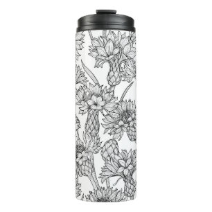 Garrafa Térmica Flores, flores silvestres, a preto e branco
