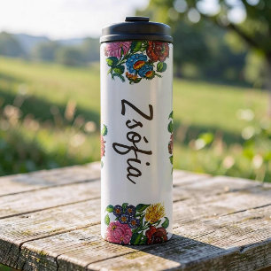Garrafa Térmica flores húngaras coloridas - nome personalizado
