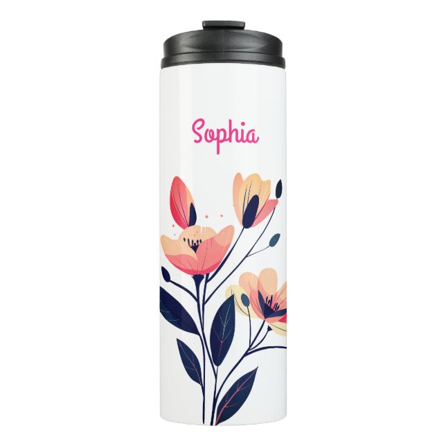 Garrafa Térmica Flores & Nome em Branco (Frente)