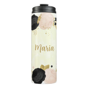 Garrafa Térmica flores pretas cor-de-rosa-ouro botânico