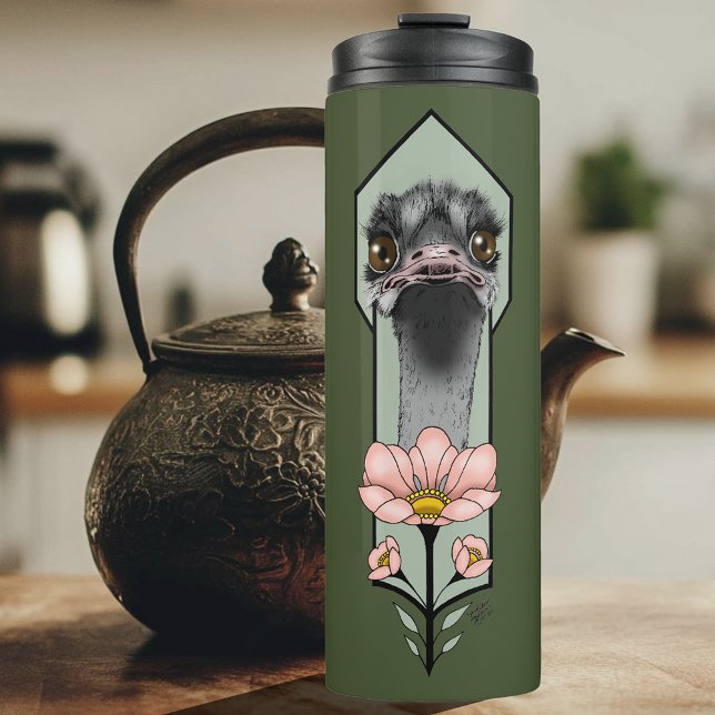 Garrafa Térmica Flores Rosa Avestruz Verde Oliva Art Déco (Criador carregado)