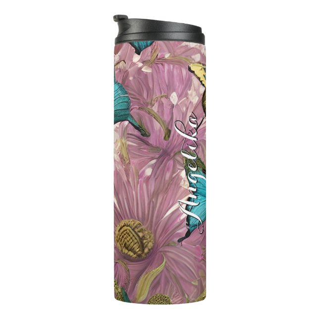 Garrafa Térmica Flores Rosa Bege Borboletas Douradas e Turquesa (Rotação à direita)
