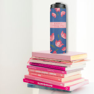 Garrafa Térmica Flores rosa bonito no Tumbler térmico azul