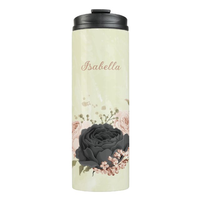 Garrafa Térmica flores rosa com blush preto (Frente)