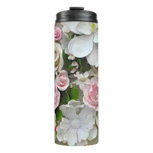 Garrafa Térmica Flores rosa e brancas