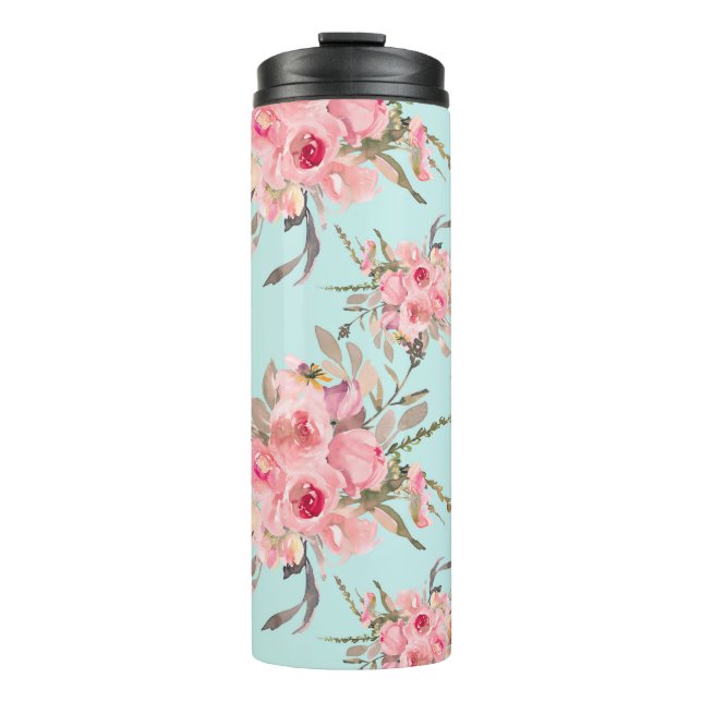 Garrafa Térmica Flores Rosa Esmagadas no Azul Claro (Frente)