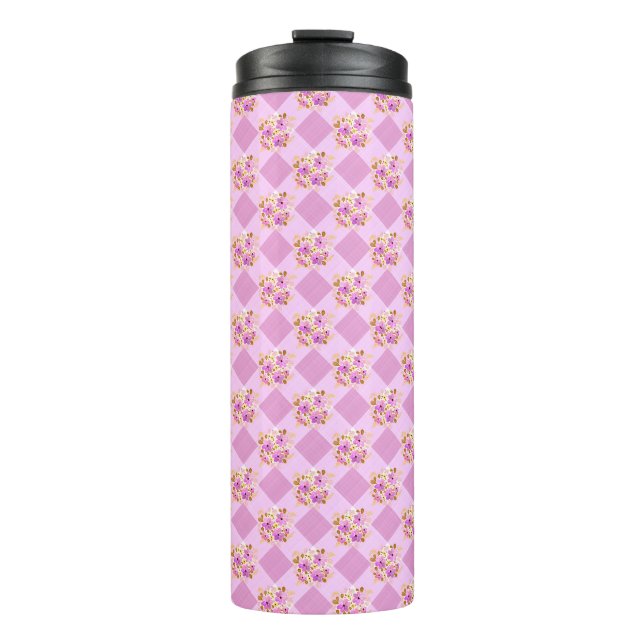 Garrafa Térmica Flores Rosa Lavanda Xadrez Padrão Viagem  (Frente)