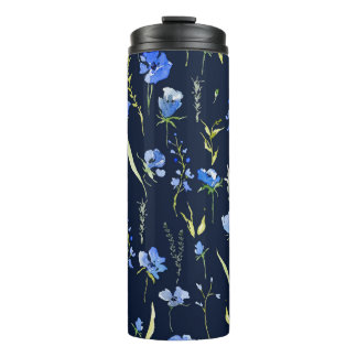 Garrafa Térmica Flores Rusticas Azuis: Ilustração Botânica.
