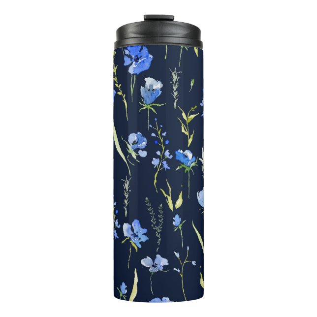Garrafa Térmica Flores Rusticas Azuis: Ilustração Botânica. (Frente)