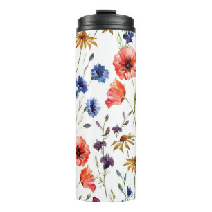 Garrafa Térmica Flores Selvagens Aquarelas Cachorro Poppy Chamomil