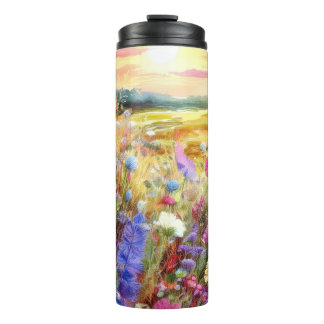 Garrafa Térmica Flores silvestres ao pôr do sol em aquarela