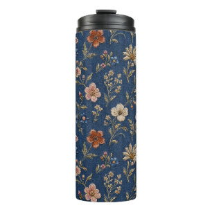 Garrafa Térmica Flores silvestres simples bordadas em fundo de jea