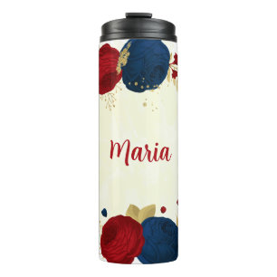 Garrafa Térmica flores vermelhas e azuis-marinho folhas douradas