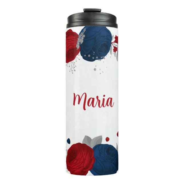 Garrafa Térmica flores vermelhas e azuis marinho prata botânico (Frente)