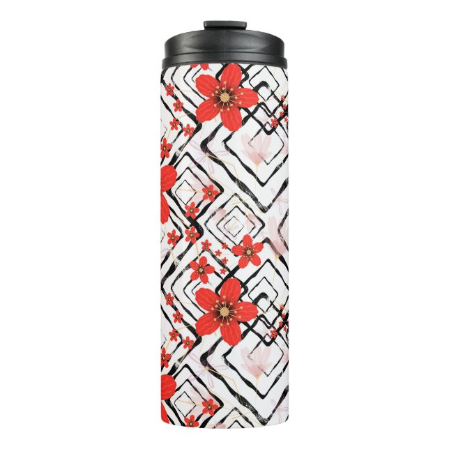 Garrafa Térmica Flores vermelhas em fundo branco e preto. (Frente)