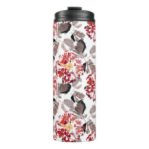 Garrafa Térmica Flores vermelhas, floral, retrô, vermelho e branco