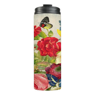 Garrafa Térmica Flores Vintage e Borboletas Tumbler Térmico