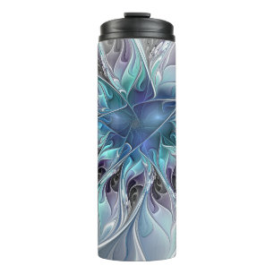 Garrafa Térmica Florescer Fractal Floral Moderno Abstrato Com Azul