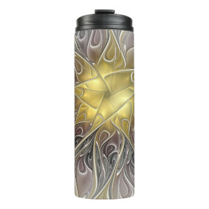 Garrafa Térmica Flourish com a flor abstrata moderna Dourado do