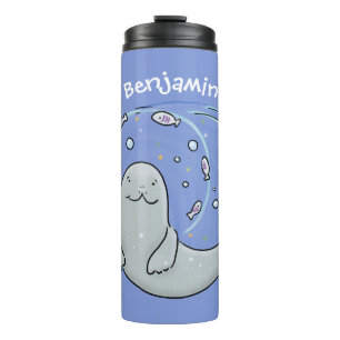 Garrafa Térmica Foca-branca e ilustração de desenho animado de azu
