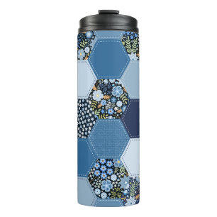 Garrafa Térmica Folha floral, colagem de denim: padrão azul.