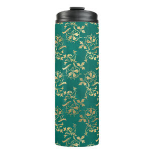 Garrafa Térmica Folhagem vintage grunge azul-turquesa e dourado