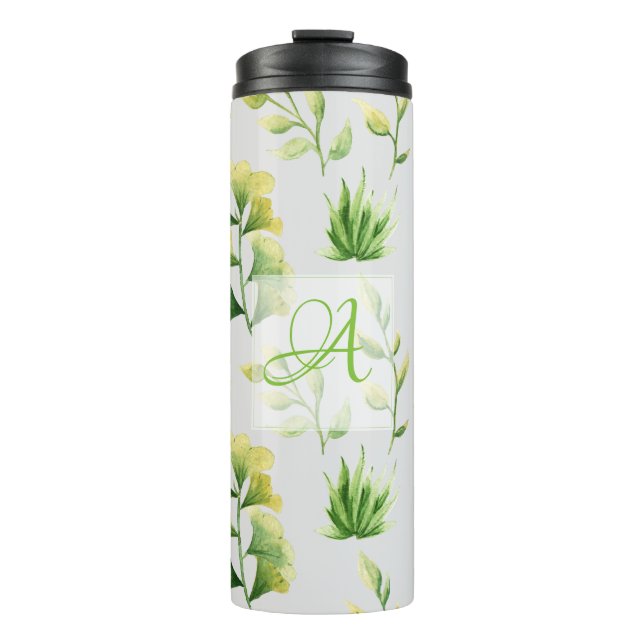 Garrafa Térmica Folhas Botânicas Monogramadas Aquarela Verde Deco (Frente)