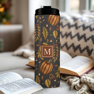 Garrafa Térmica Folhas de Outono Monograma de Padrão de Abóbora de