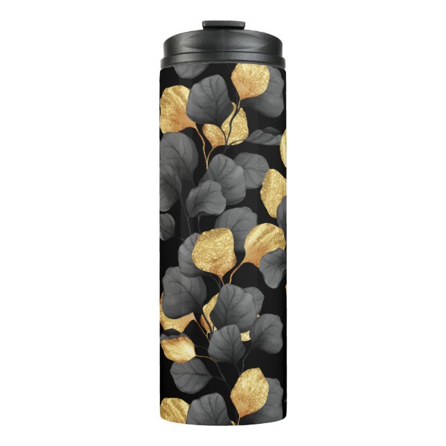 Garrafa Térmica Folhas de preto e ouro. Padrão (Frente)