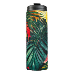 Garrafa Térmica Folhas Tropicais Coloridas e Flores de Hibisco  