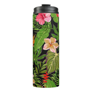 Garrafa Térmica Folhas Tropicais Coloridas e Flores de Hibisco  