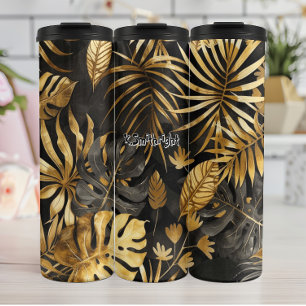 Garrafa Térmica Folhas tropicais em preto e Dourado