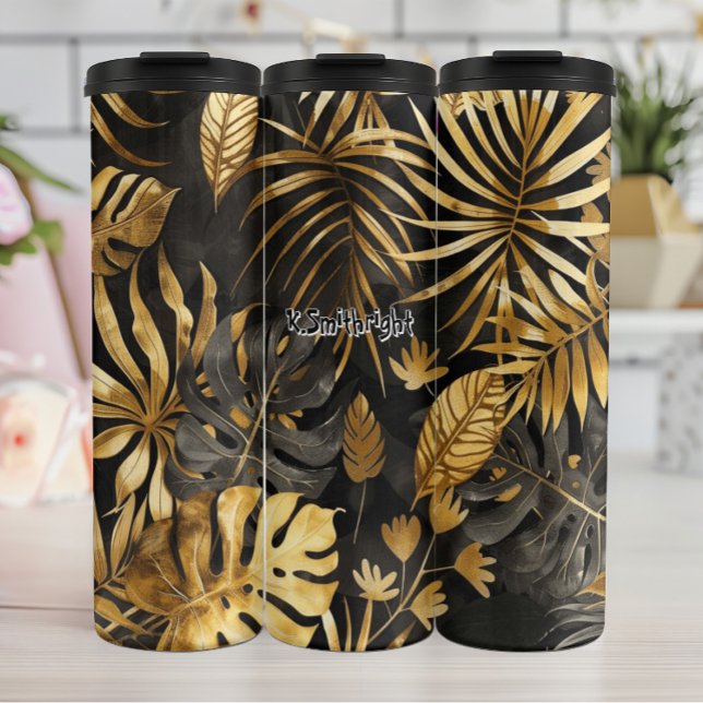 Garrafa Térmica Folhas tropicais em preto e Dourado (Criador carregado)