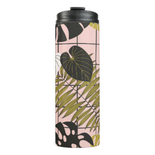 Garrafa Térmica Folhas tropicais, flores, padrão pintado à mão.