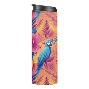 Garrafa Térmica Folhas Tropicais Vibrantes e Parrots Padrão de Ver