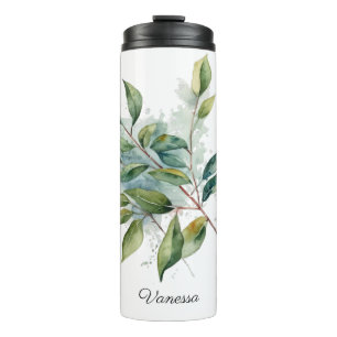 Garrafa Térmica Folhas verdes em aquarela para Porta copos