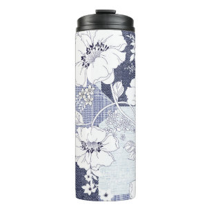 Garrafa Térmica Folheto de flores de Denim, padrão perfeito.