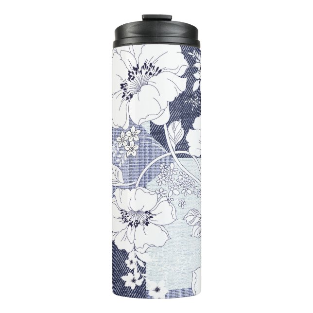 Garrafa Térmica Folheto de flores de Denim, padrão perfeito. (Frente)