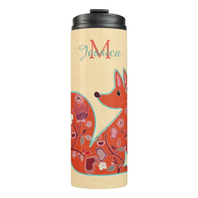 Garrafa Térmica Folk Art Flower Pattern Fox Personalizado (Frente)