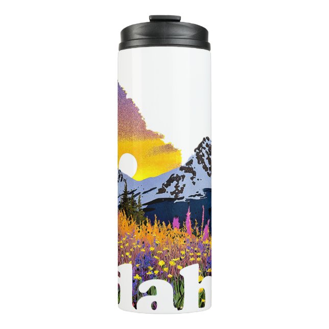 Garrafa Térmica Formato de Idaho com montanha e flores silvestres (Frente)