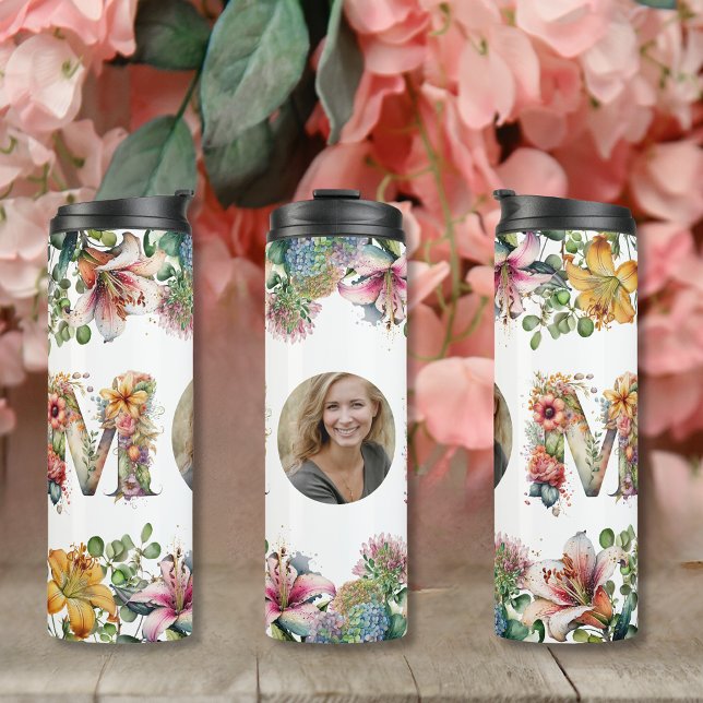 Garrafa Térmica Foto personalizada do Dia de as mães de flores MOM (Personalised MOM flowers Mothers Day Photo Thermal Tumbler)