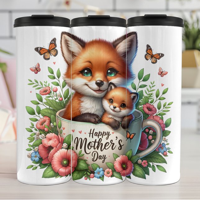 Garrafa Térmica Fox Mãe: Cubo, Flores, Dia de as mães (Criador carregado)