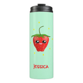 Garrafa Térmica Fruta de morango monograma kawaii em turquesa