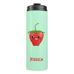 Garrafa Térmica Fruta de morango monograma kawaii em turquesa