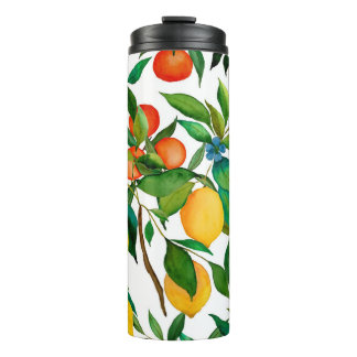 Garrafa Térmica Frutas de citros, padrão de aquarela vibrante.