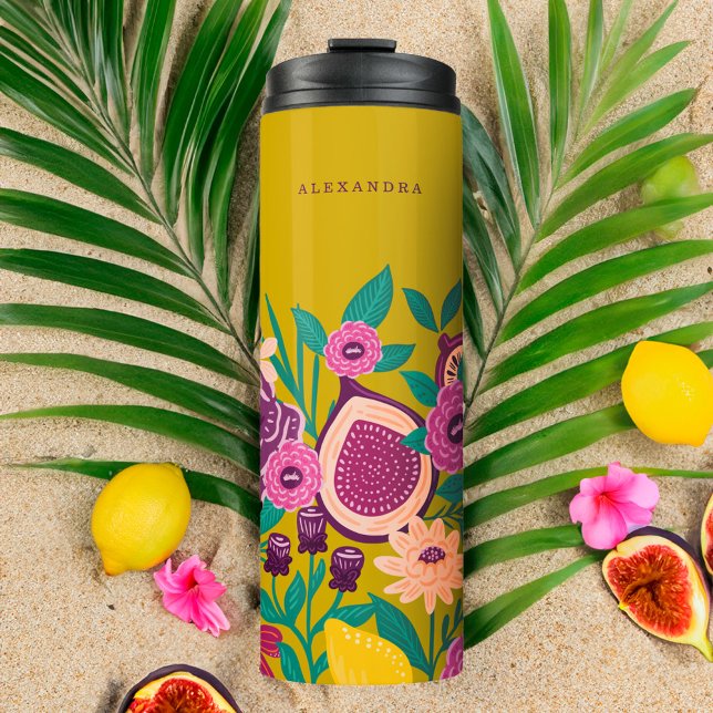 Garrafa Térmica Frutas tropicais e flores silvestres Verde botânic (Tropical Fruit & Wildflowers Botanical Green Thermal Tumbler)